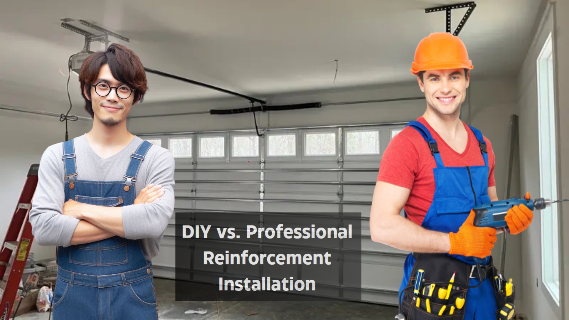 A DIY enthusiast on the left and a garage door technician on the right showing the difference between the two