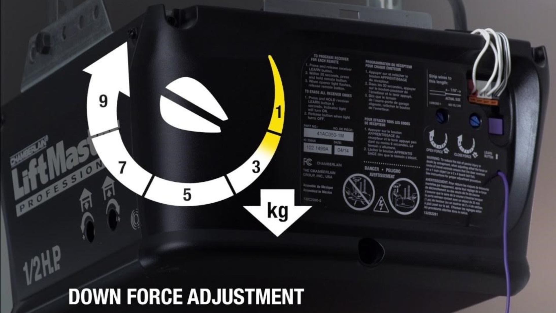 A garage door opener down force and travel limit setting