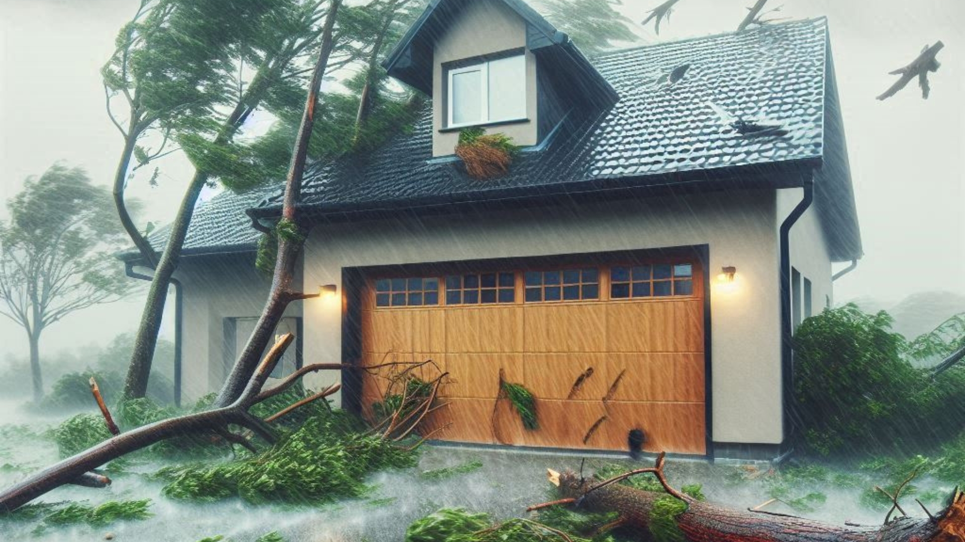 Strong winds batter a wind-rated garage door during a severe storm.