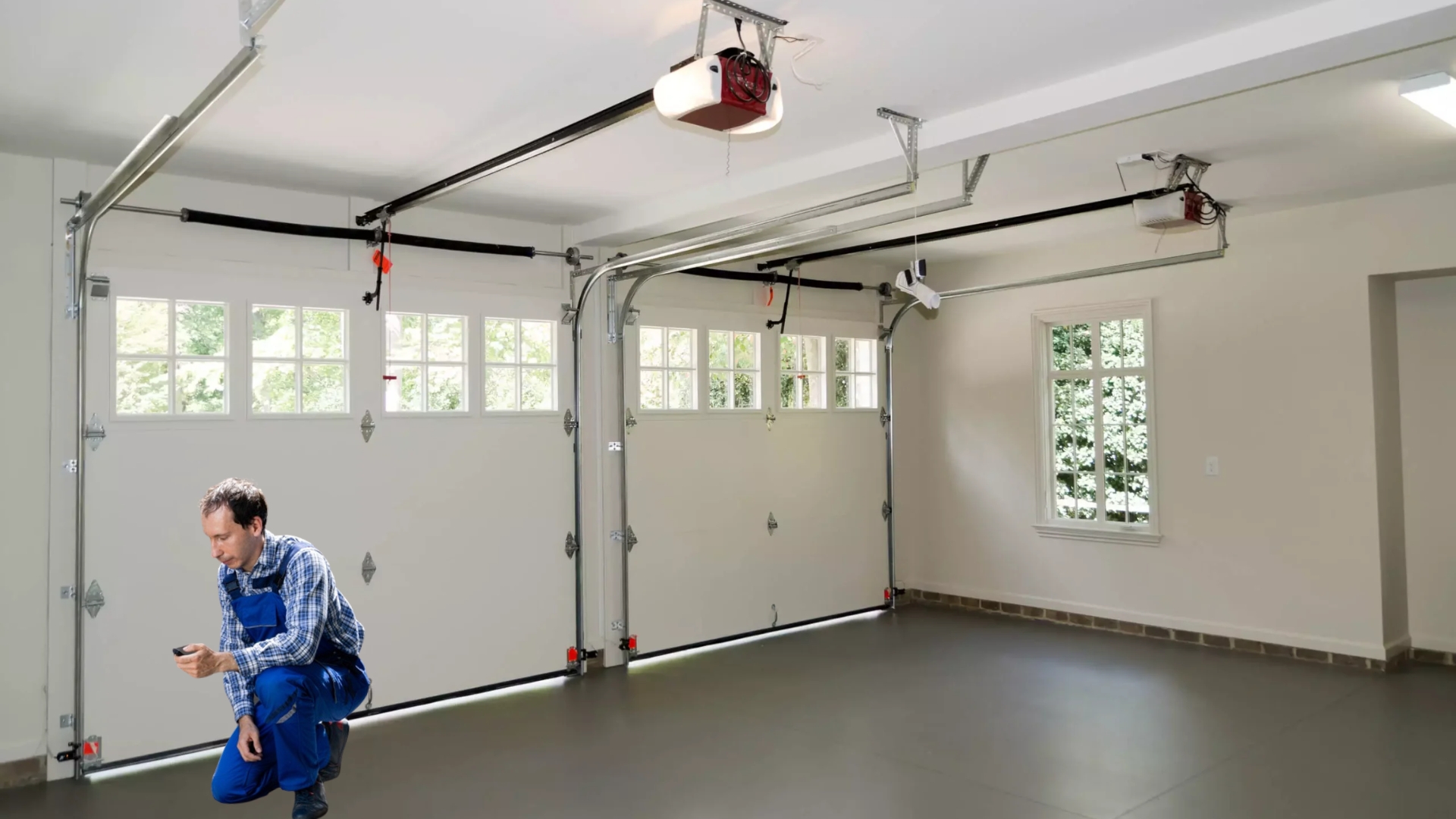 A professional technician performs a routine garage door upkeep inspection.