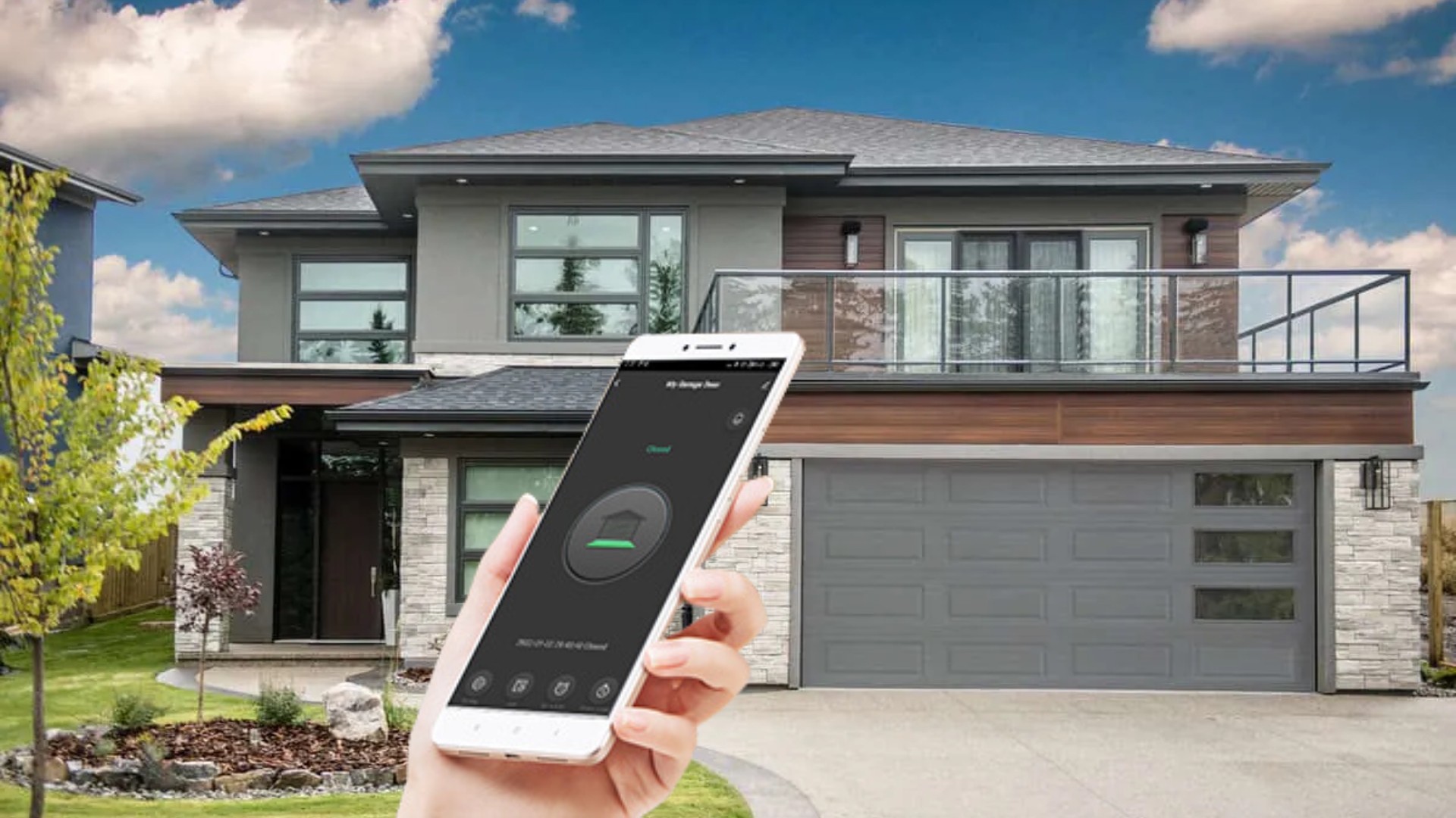 Smart garage door remote app shown on a phone outside a modern home.