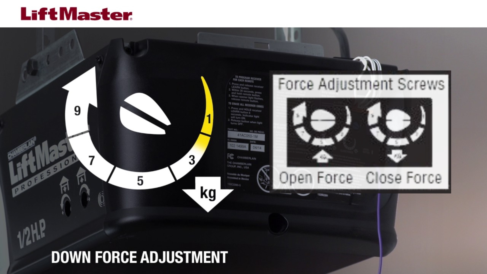 LiftMaster garage opener showing force adjustment settings to troubleshoot door problems.