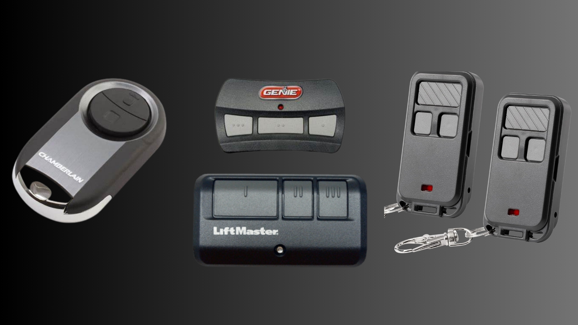 A set of garage door remote controls for different opener brands and models