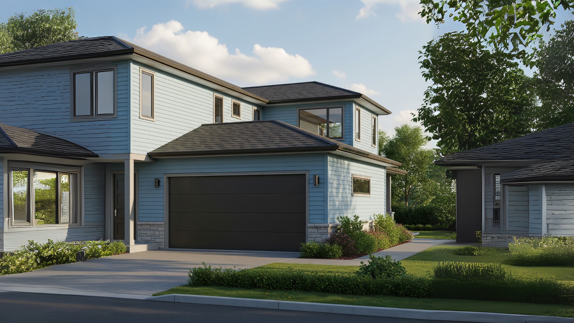 Modern home exterior with a sleek garage door installation that enhances style, security, and value.
