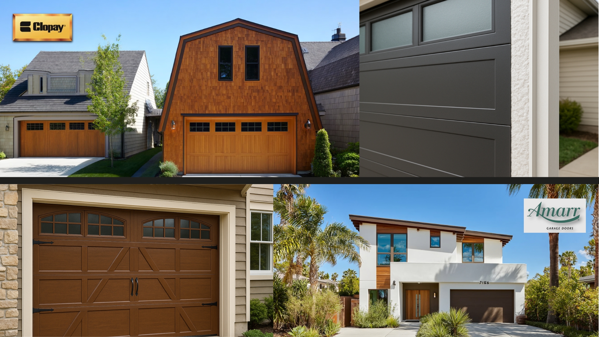 Comparison of Clopay and Amarr garage door brand styles, showcasing modern and traditional home designs.