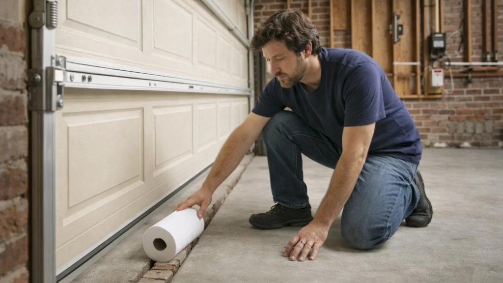 A man testing the safety sensors of his garage door using a paper towel