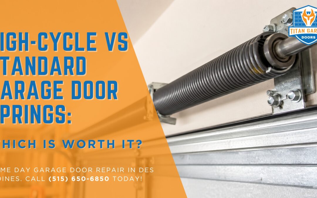 High-cycle vs standard garage door springs graphic showing a torsion spring installed above a garage door