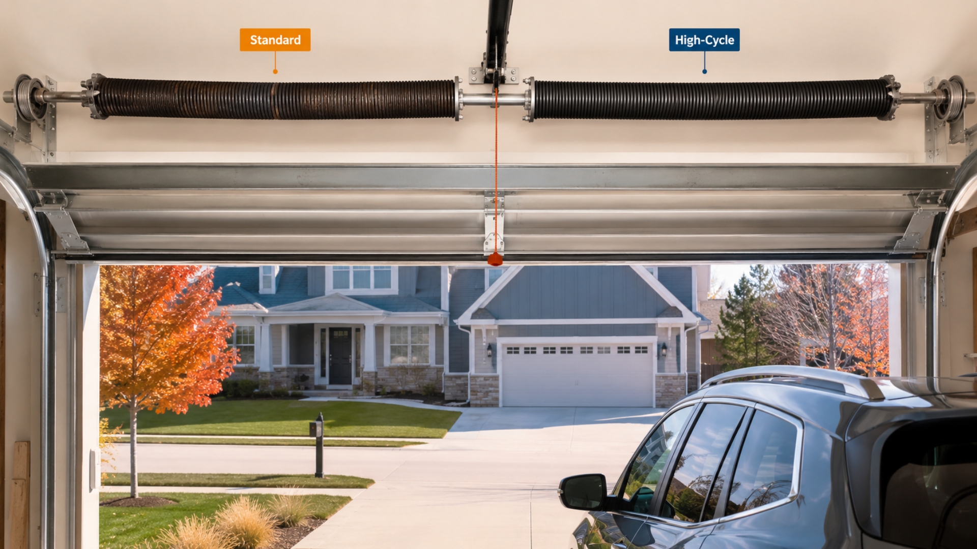 Two garage door springs are shown above an open garage door; the left is labeled "Standard" and the right features durable high-cycle garage door springs for longer-lasting performance.