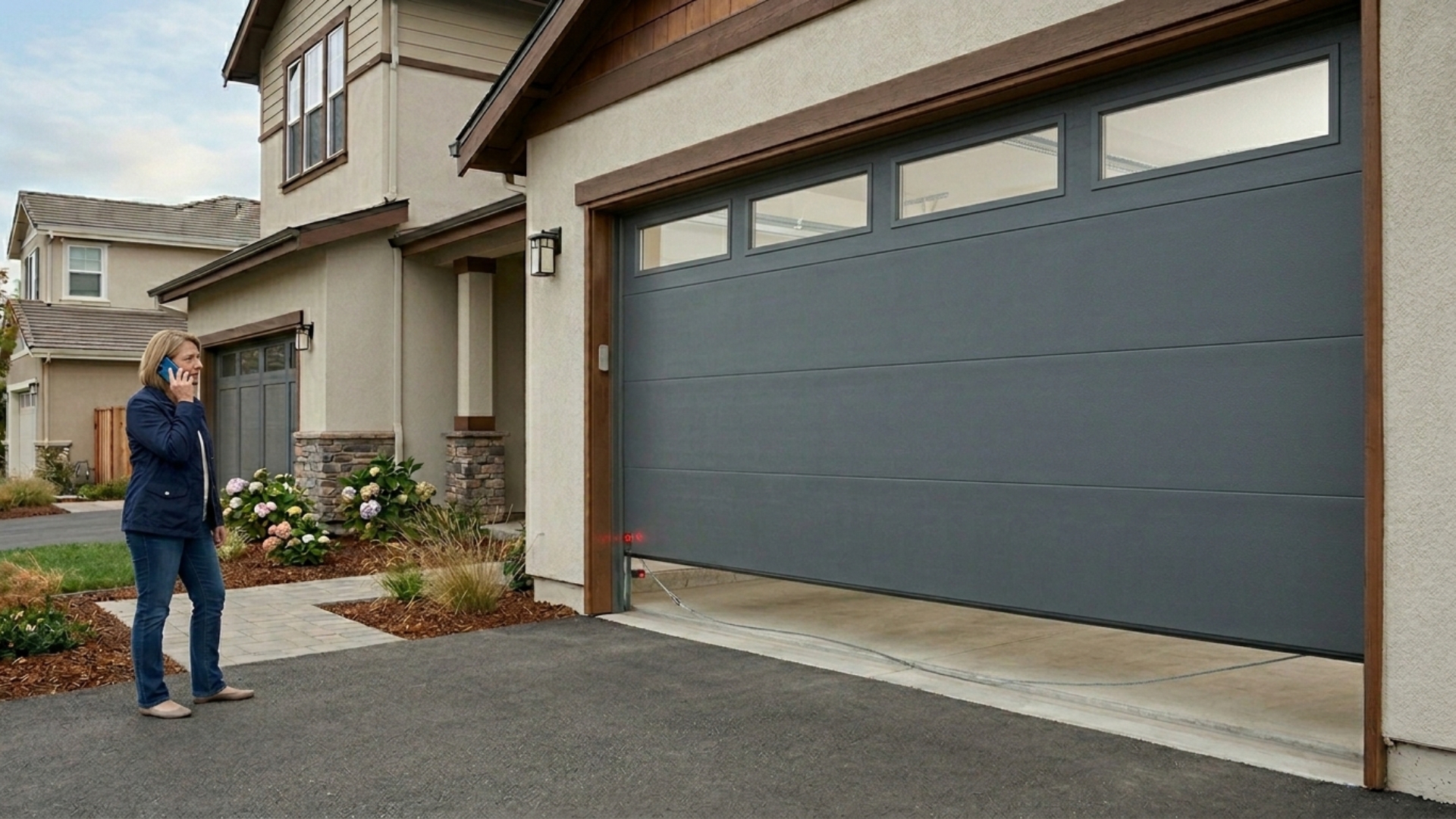 Homeowner noticing a malfunctioning garage door that is partially open, signaling the need for garage door repair service.