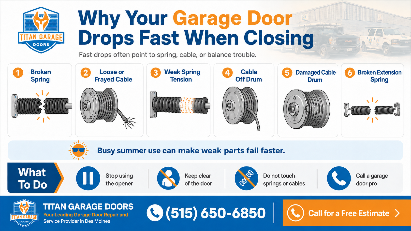 Visual guide on why a garage door drops fast when closing, highlighting spring failure, cable issues, and extension spring damage.