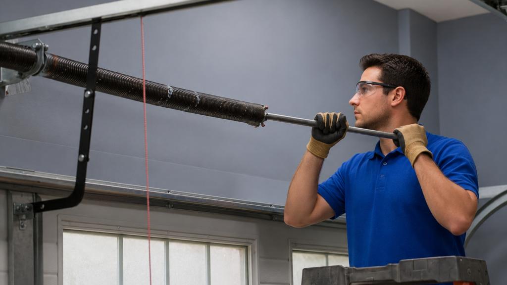 Technician checking garage door spring tension on a torsion spring system above a residential garage door in Des Moines