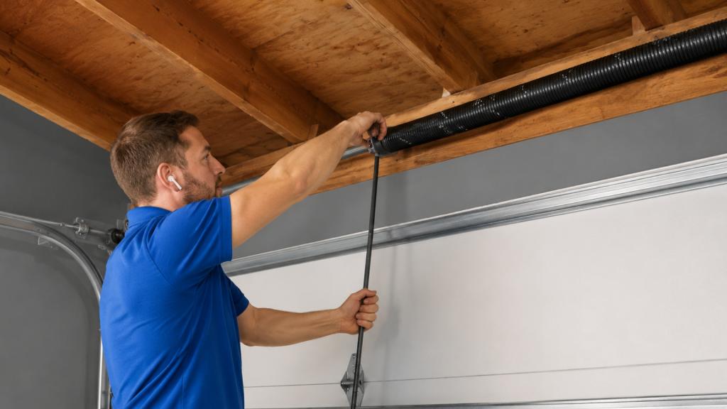 Technician performing garage door spring repair above a residential garage door in Des Moines