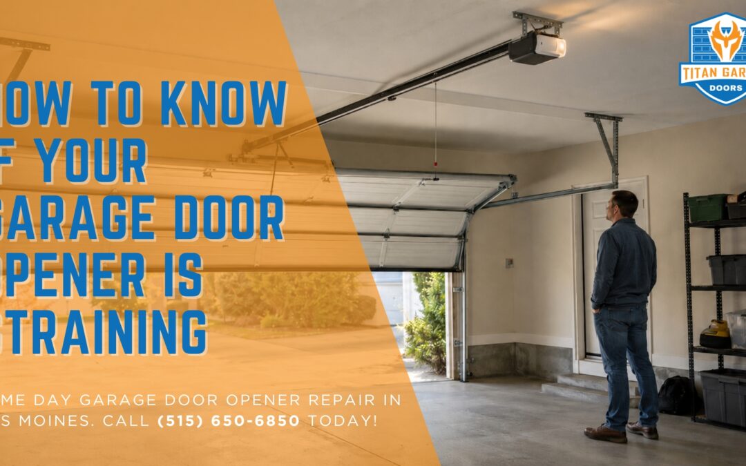 Homeowner checking for garage door opener strain while the door opens inside a Des Moines residential garage.