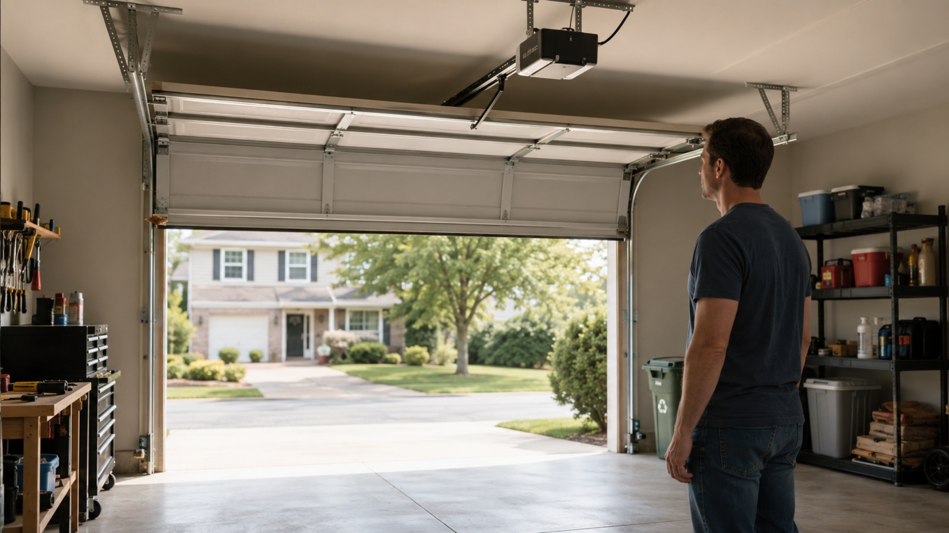 A homeowner monitors a ceiling-mounted opener during operation to catch early signs of garage door opener strain.