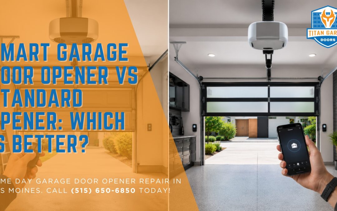 Smart garage door opener with smartphone control featured in a comparison with a standard opener.