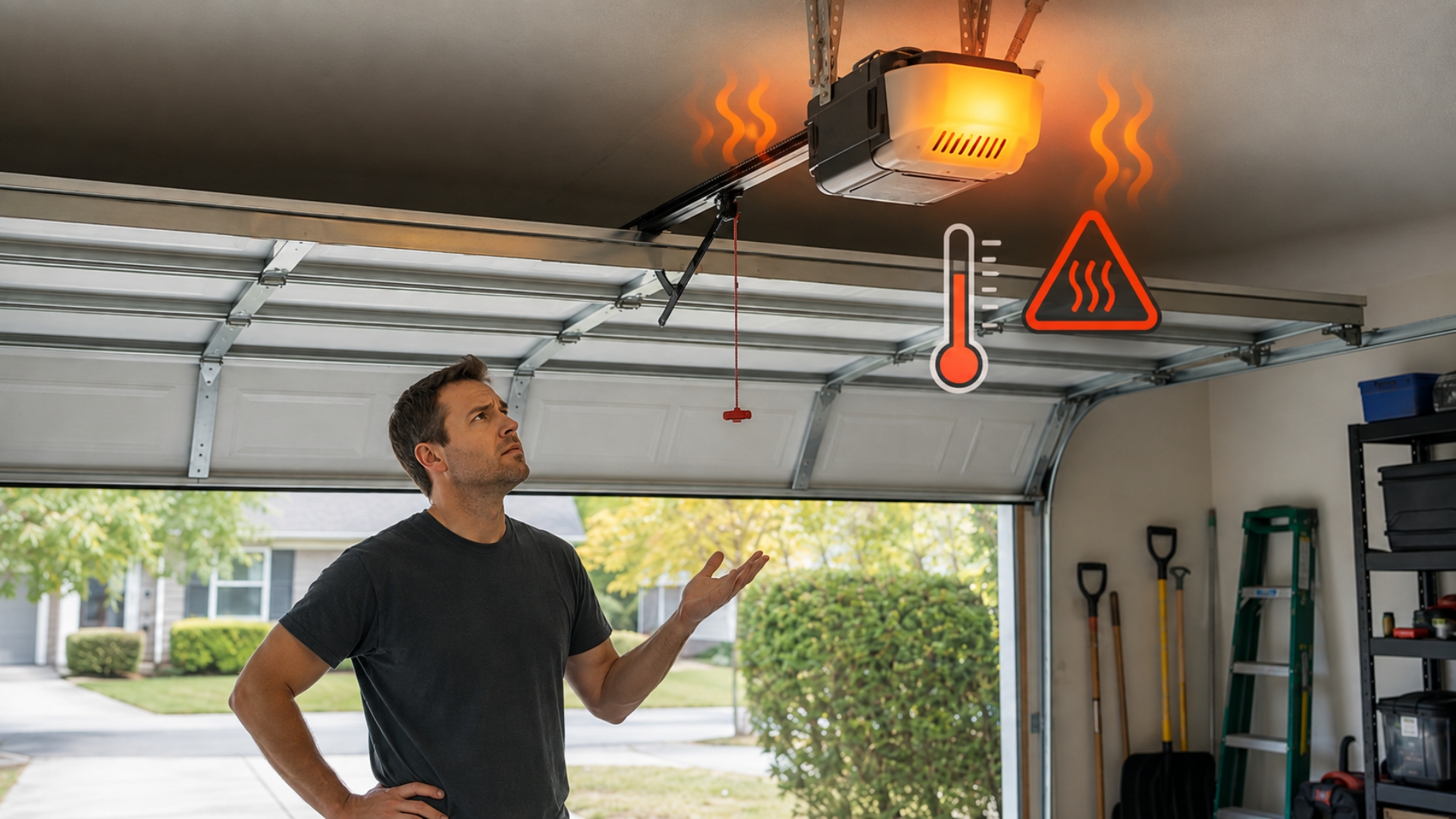 Homeowner inspecting an overheating garage door opener after repeated use