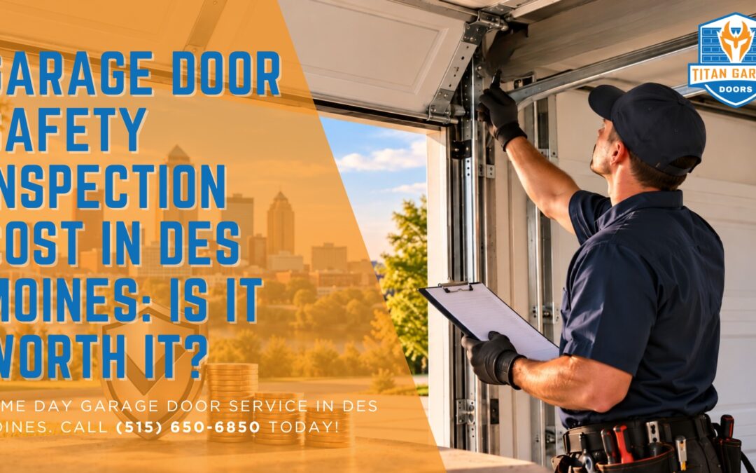 A guide to garage door inspection cost in Des Moines with a technician inspecting a residential garage door
