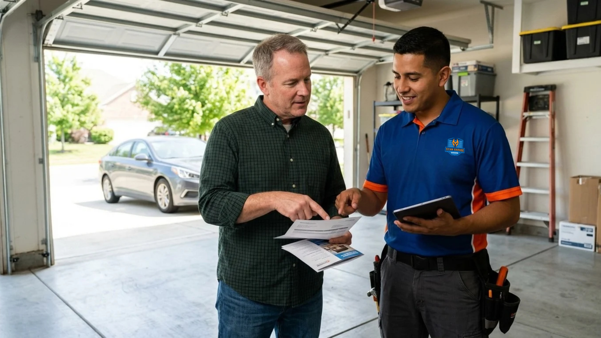 Garage door technician discussing garage door inspection cost with a homeowner