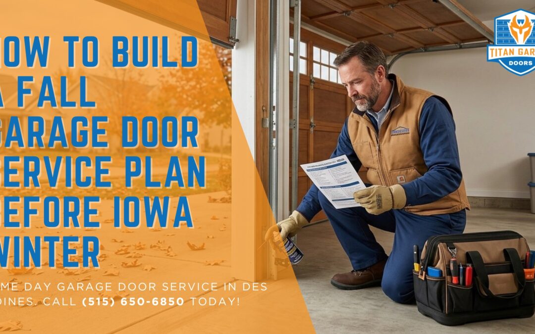 A technician preparing a seasonal garage door service plan in a residential garage