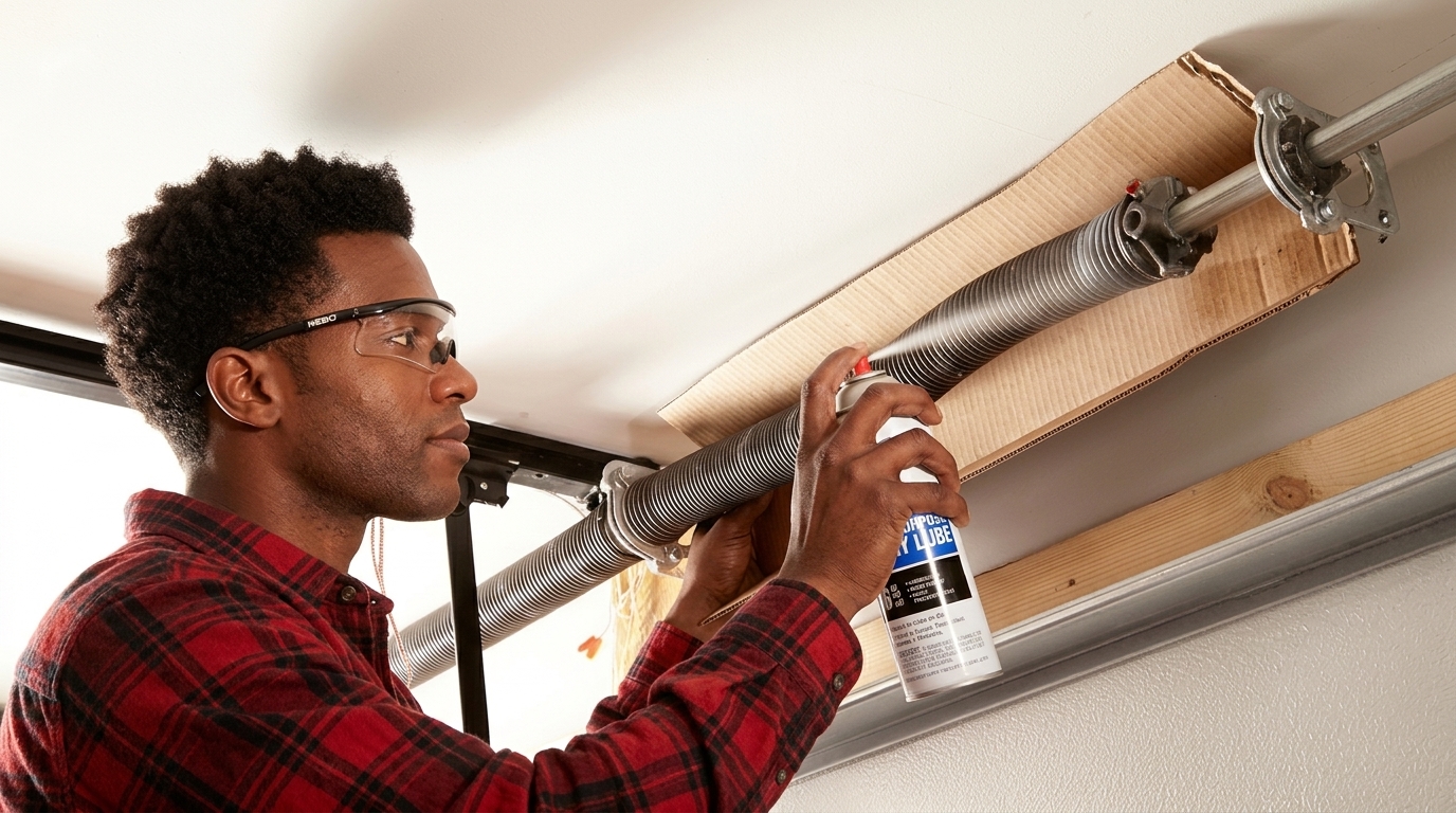 Garage door spring lubrication performed as part of a comprehensive garage door service plan.