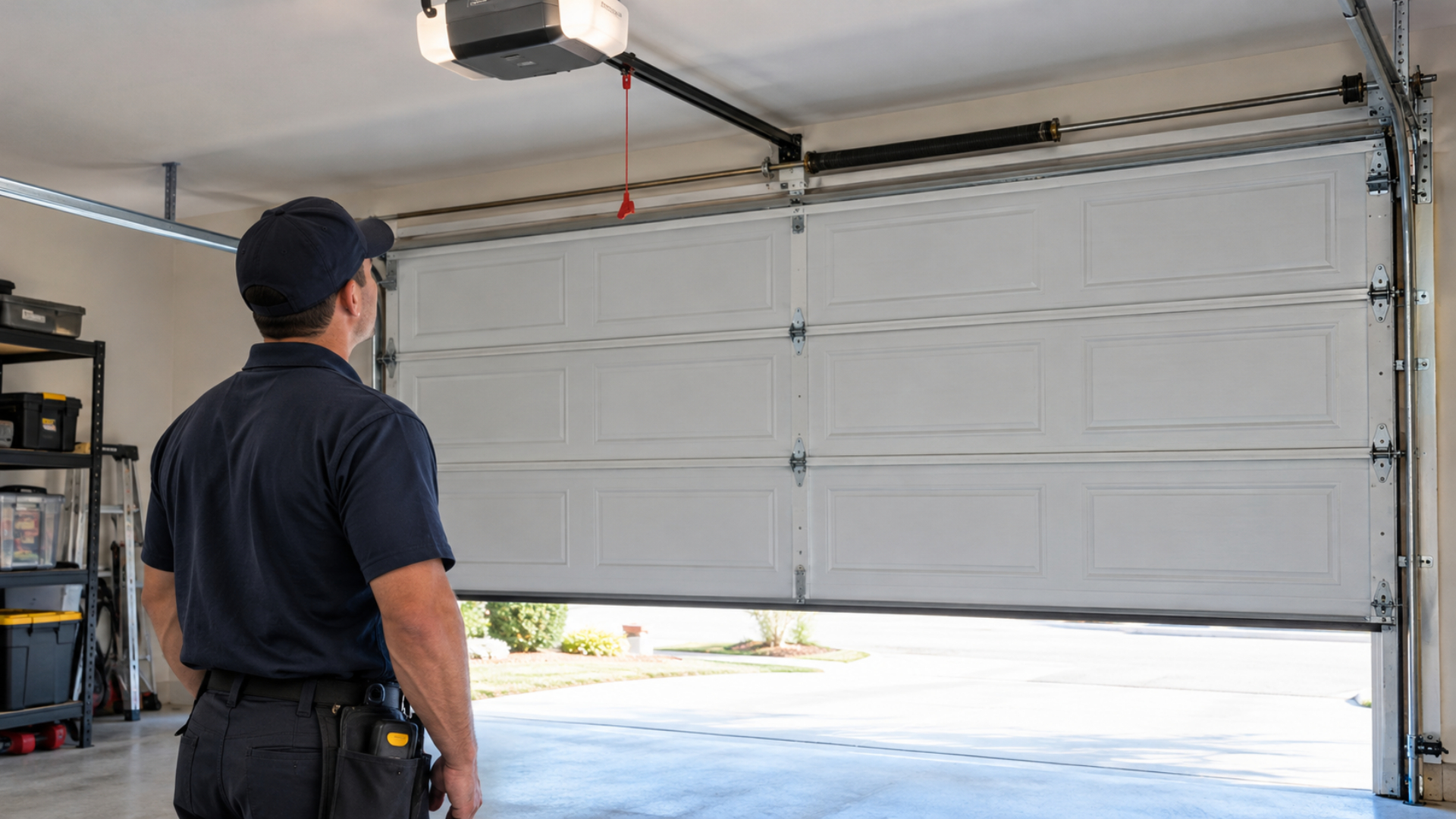 Garage door technician inspecting a partially open residential garage door during a routine garage door tune-up.