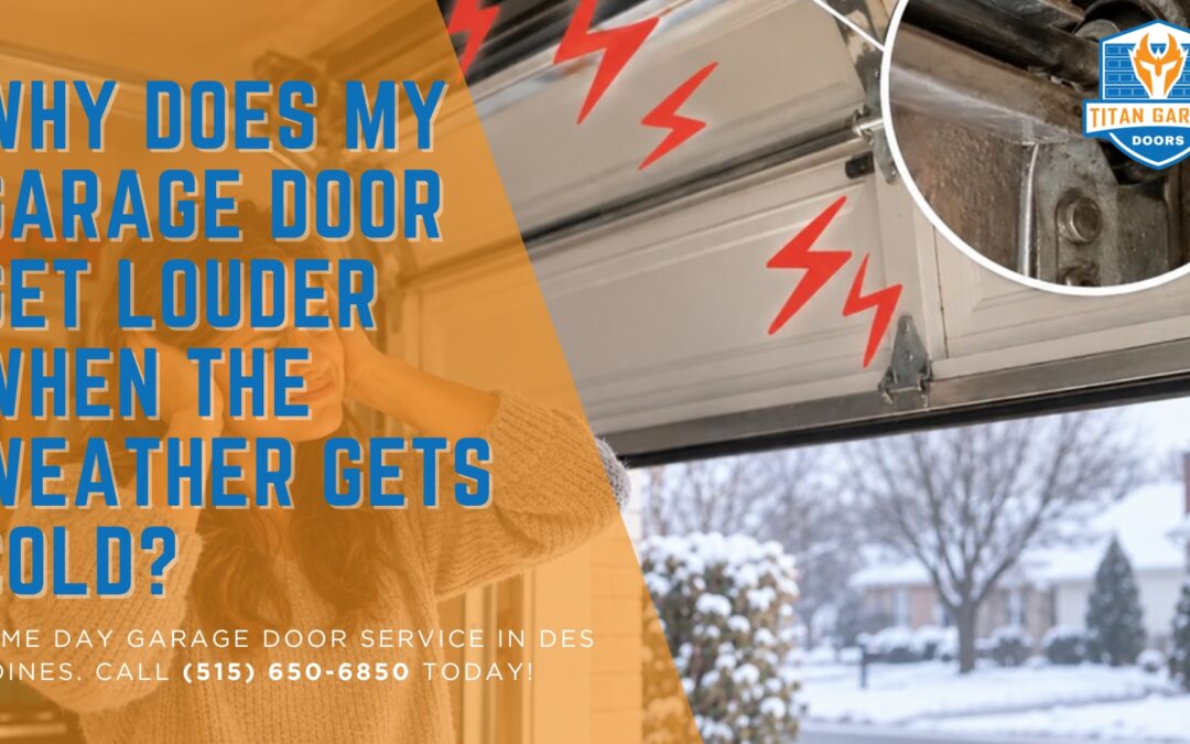 Garage door getting louder in cold weather, with noisy hardware highlighted against a snowy residential background.