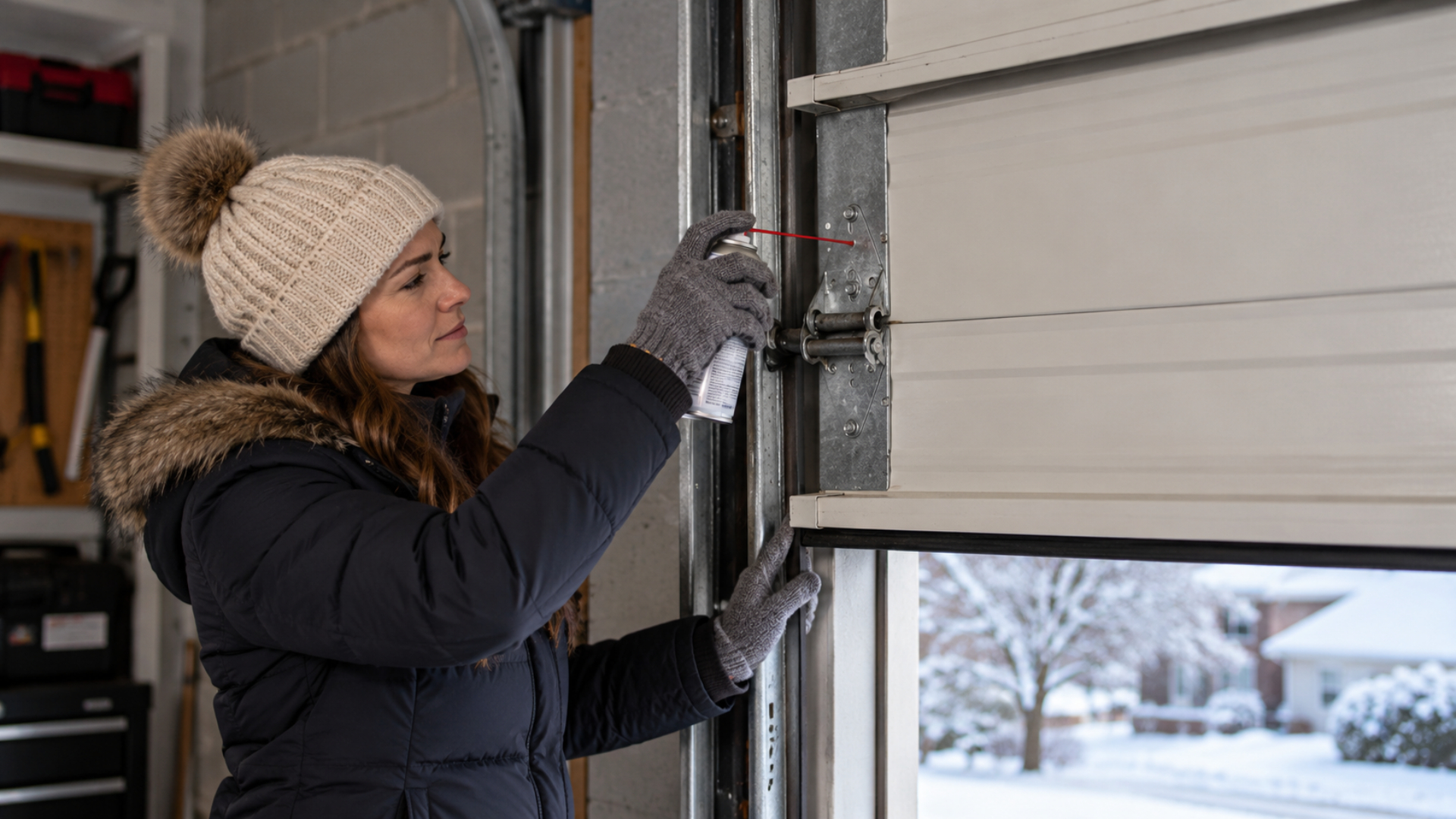 Homeowner spraying lubricant on metal garage door hardware to reduce squeaking and noise.
